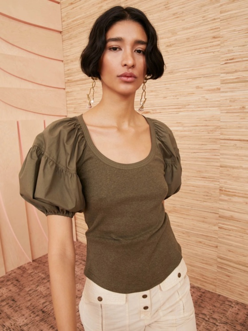 Ulla Johnson Harlowe Puff Sleeve Rib Knit Top Military Melange Olive Green Small